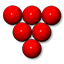 Six red snooker balls arranged in a triangular formation