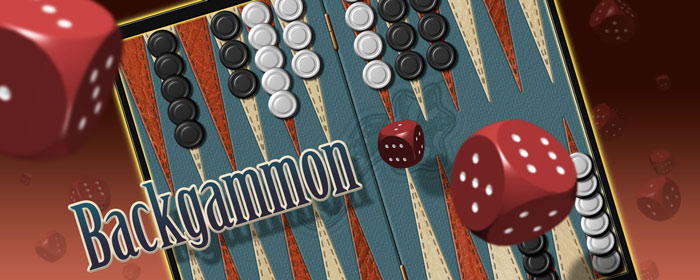 Digital backgammon game in progress with realistic dice and pieces